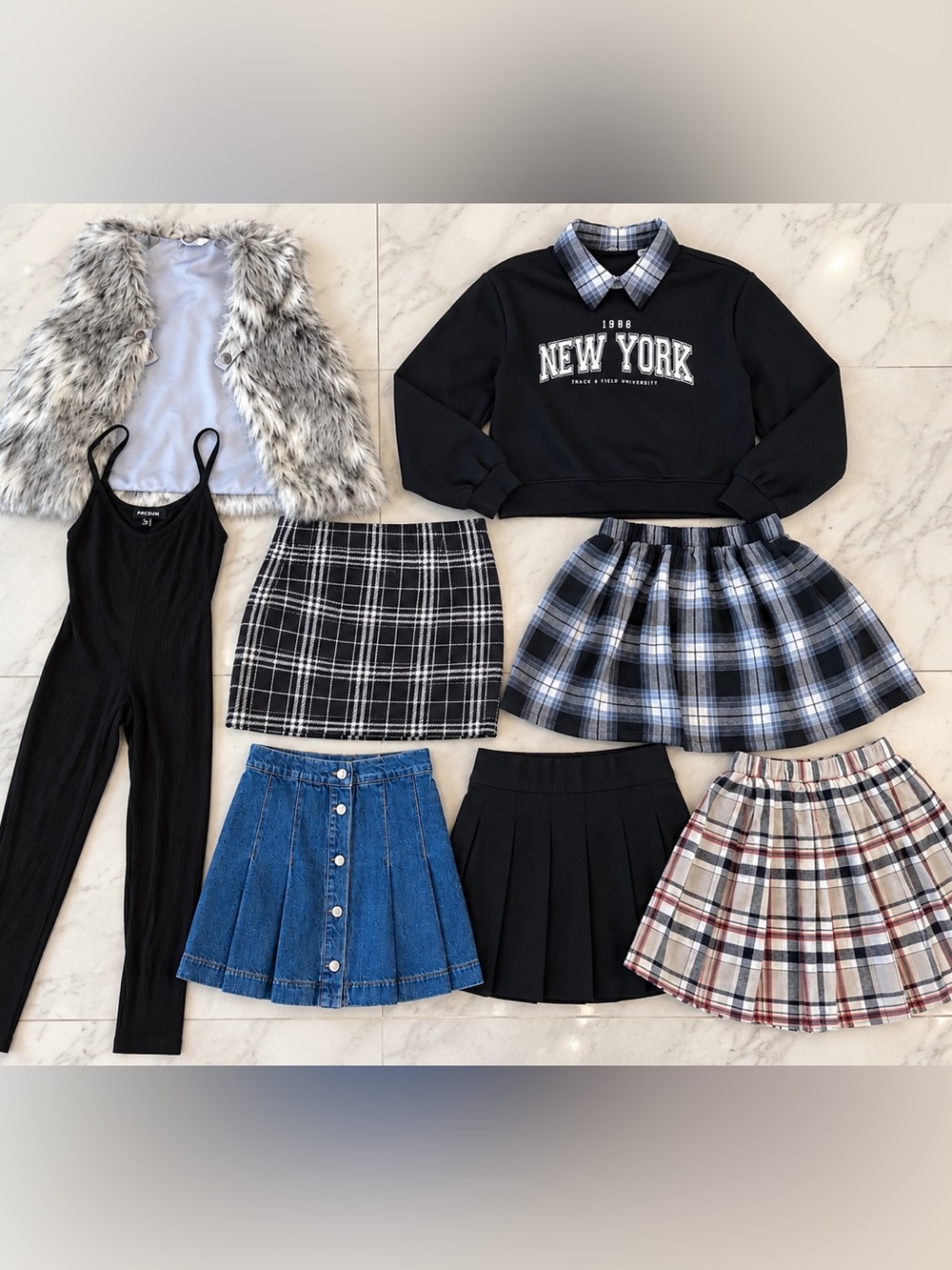 Girls Lot sizes 6-8 Skirts Clothing Black Plaid Mini Skirt - Top Fur Vest etc